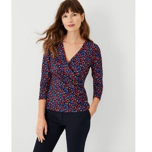 Ann Taylor cherry print stretch wrap blouse size M
